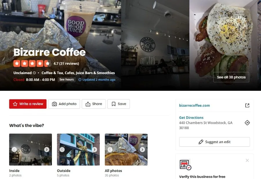 Bizarre Coffee's Woodstock location's Yelp Business page