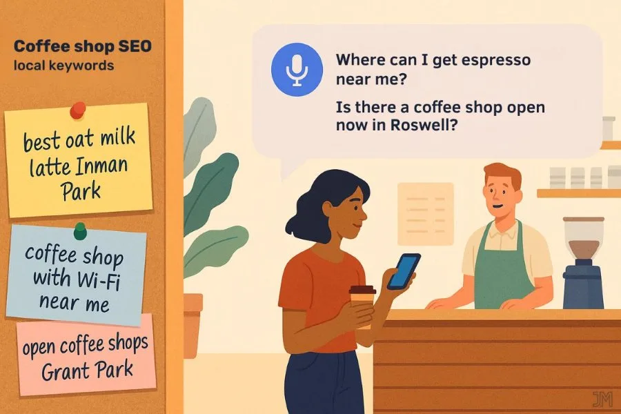 Illustration of a coffee shop scene with three visual elements: sticky notes on a corkboard showing handwritten local search terms like “best oat milk latte Inman Park” and “coffee shop with Wi-Fi near me,” a chat bubble above with voice search queries like “Where can I get espresso near me?” and “Is there a coffee shop open now in Roswell?”, and a woman at the counter using her phone while holding a coffee, with a smiling barista in the background.