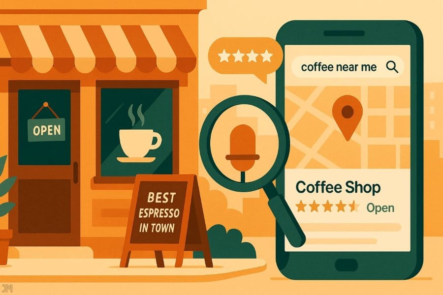 Illustration of a coffee shop storefront with an "OPEN" sign and a sidewalk board reading "Best Espresso in Town." Next to it, a large smartphone screen shows a local search for "coffee near me," featuring a coffee shop with star ratings, a map pin, and an “Open” status. A magnifying glass highlights the voice search microphone icon.