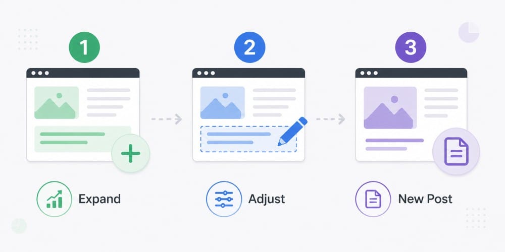 Diagram showing three ways to use keyword opportunities: expanding an existing page, adjusting content, or creating a new post.