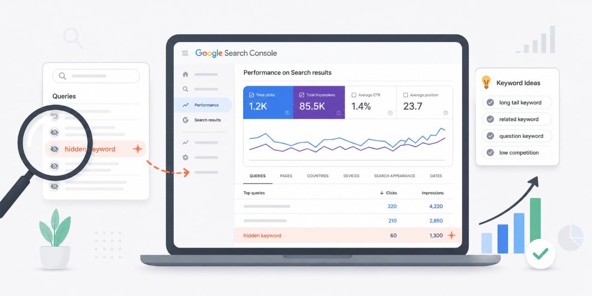 Illustration of Google Search Console showing hidden keywords in search queries and performance data.