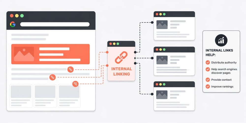 Illustration of internal linking structure showing one page linking to multiple pages to distribute authority and improve SEO.