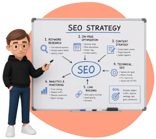 Animated guy with glasses pointing at an SEO strategy on a whiteboard