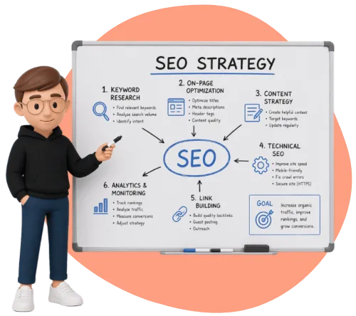 Animated guy with glasses pointing at an SEO strategy on a whiteboard