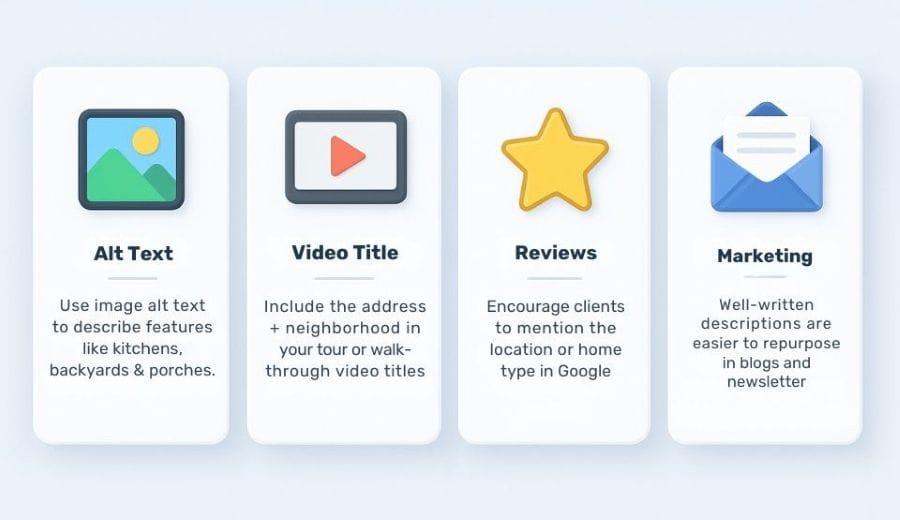 A modern 4-block infographic showing quick SEO tips for real estate agents: alt text, video titles, client reviews, and content reuse.