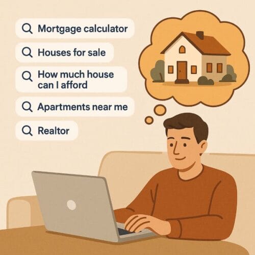A young man sits on a couch using a laptop, surrounded by floating search queries like “Mortgage calculator,” “Houses for sale,” and “How much house can I afford.” A thought bubble above his head shows a simple illustration of a suburban home, representing early-stage homebuyer research and curiosity.