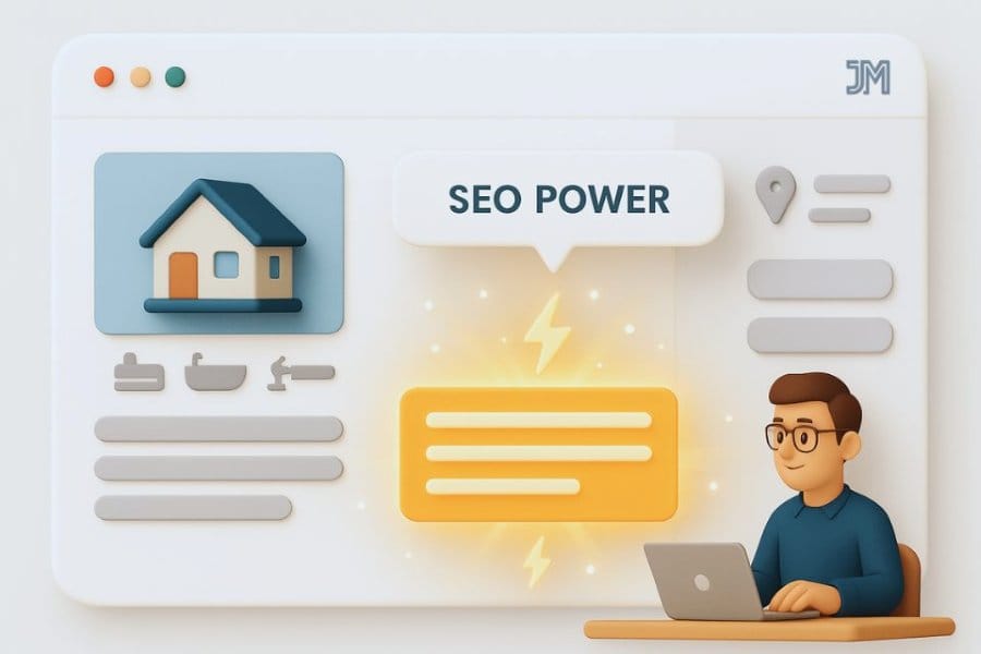 3D digital illustration of a real estate listing webpage, with a glowing orange-yellow paragraph labeled “SEO POWER” at the center. Icons for a house, beds, baths, and location surround the layout. The highlighted paragraph visually represents the listing description as the key element driving SEO.