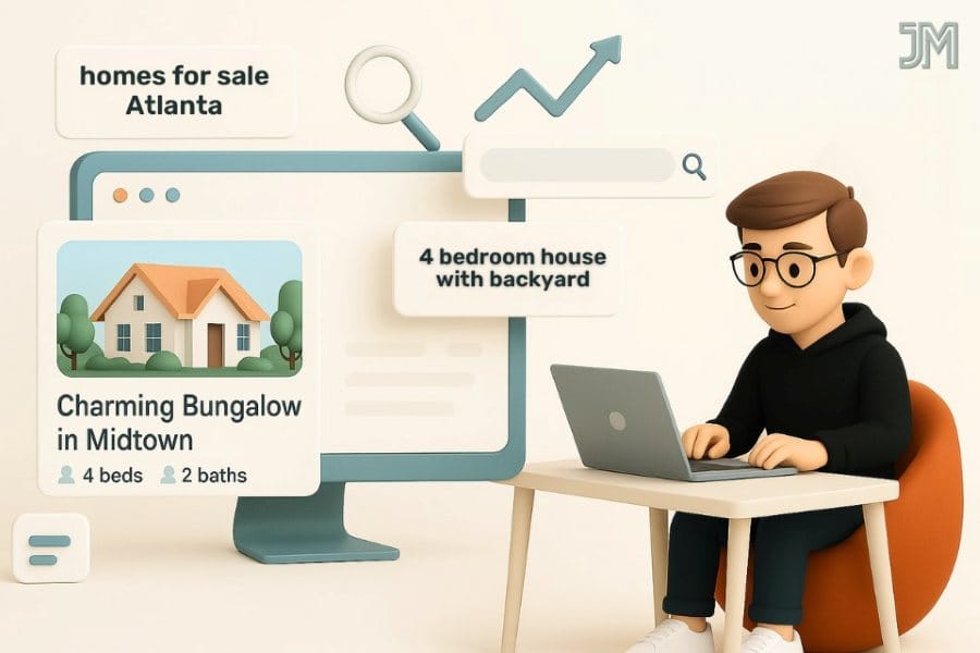 A 3D-style digital illustration shows a character in glasses and a hoodie working on a laptop at a desk. Behind him is a large desktop screen displaying real estate search elements, including search bars, listing previews, and keyword bubbles like “homes for sale Atlanta” and “4 bedroom house with backyard.” A property card labeled “Charming Bungalow in Midtown” with 4 beds and 2 baths appears on the screen. A magnifying glass and rising arrow graph float above the display. A stylized “JM” logo is in the top-right corner.
